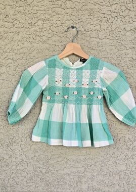 Bonjour Smocked Green Plaid Girls' Top with Floral Embroidery